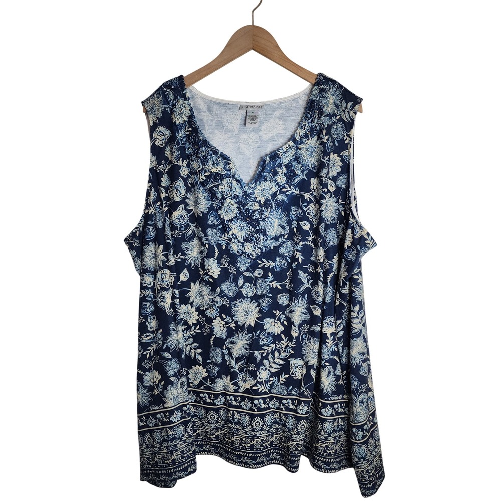 Catherines Tank Top Womens 4X Blue Floral Lace Trim V-Neck Sleeveless Blouse